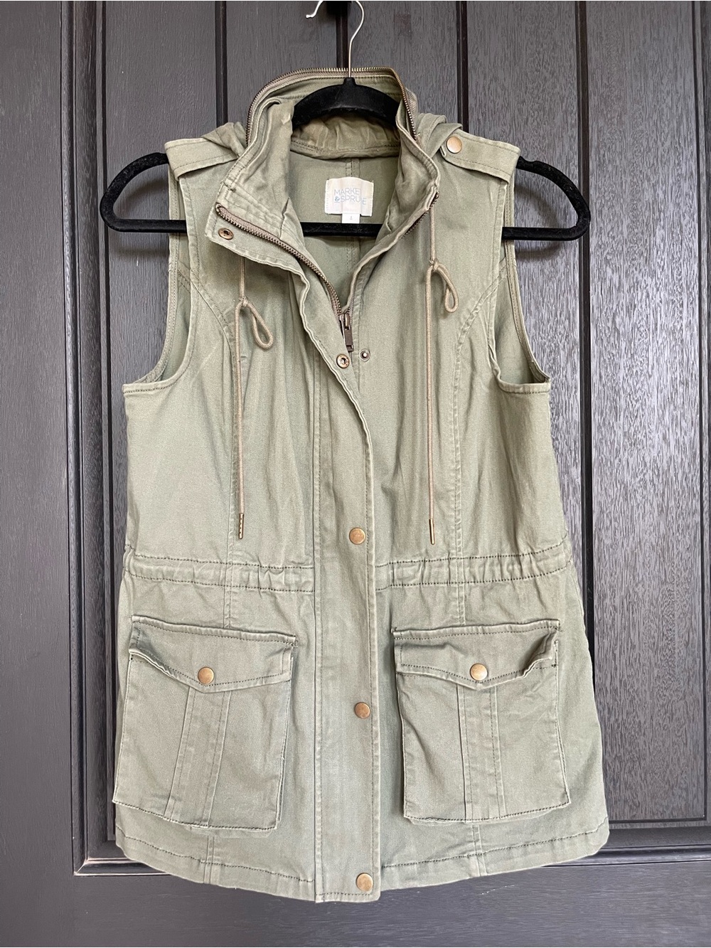 Market & Spruce Jahana Hooded Utility Vest Olive Green Cargo Small